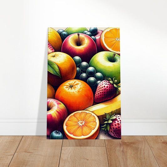 Canvas art depicting a collection of hand-drawn fresh fruits including apples, bananas, oranges, grapes, and strawberries.