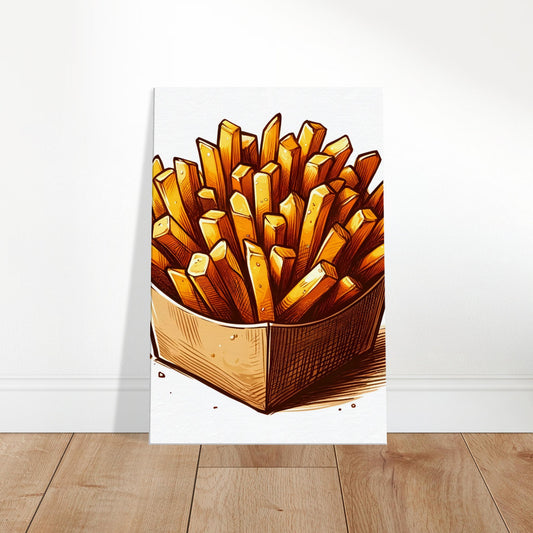 Canvas art depicting crispy golden french fries in a paper container and on a plate.