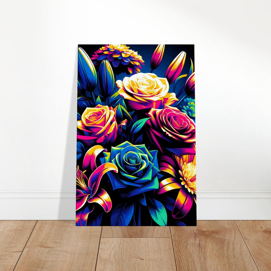 Pop art floral painting with vibrant multicolored flowers outlined in bold strokes against a dark background.