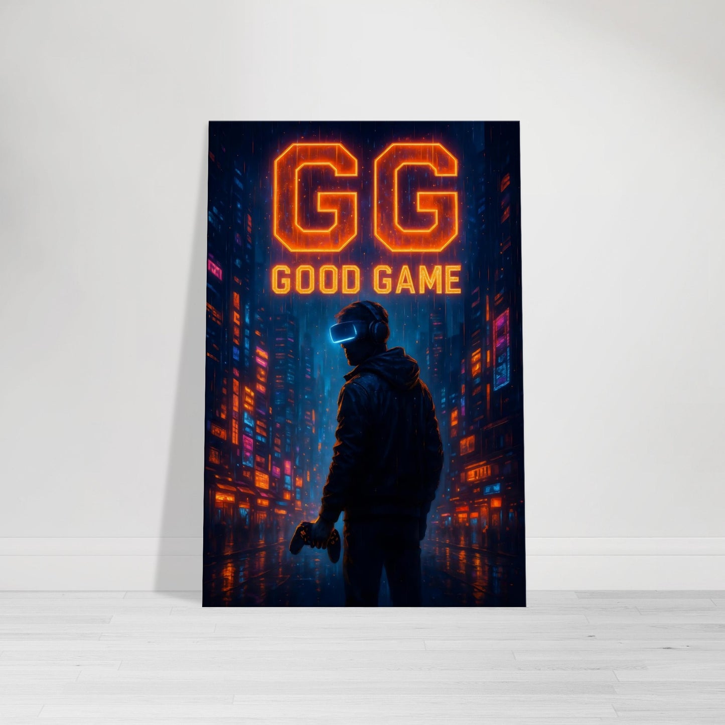 Neon wall art with glowing “GG Good Game” text in pink and cyan on dark backdrop.