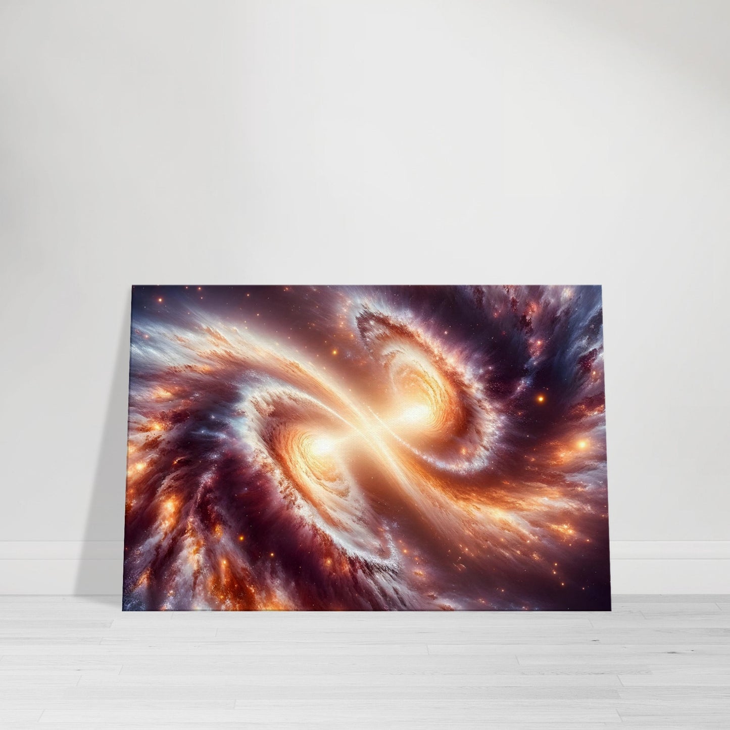 Canvas wall art depicting two colliding galaxies with vivid colors, star formations, and cosmic dust in a stunning celestial scene.