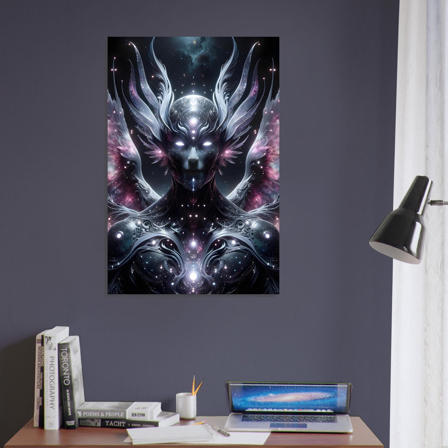 Metal poster of a six-winged celestial humanoid glowing in pink and silver, set against a starlit cosmic background.