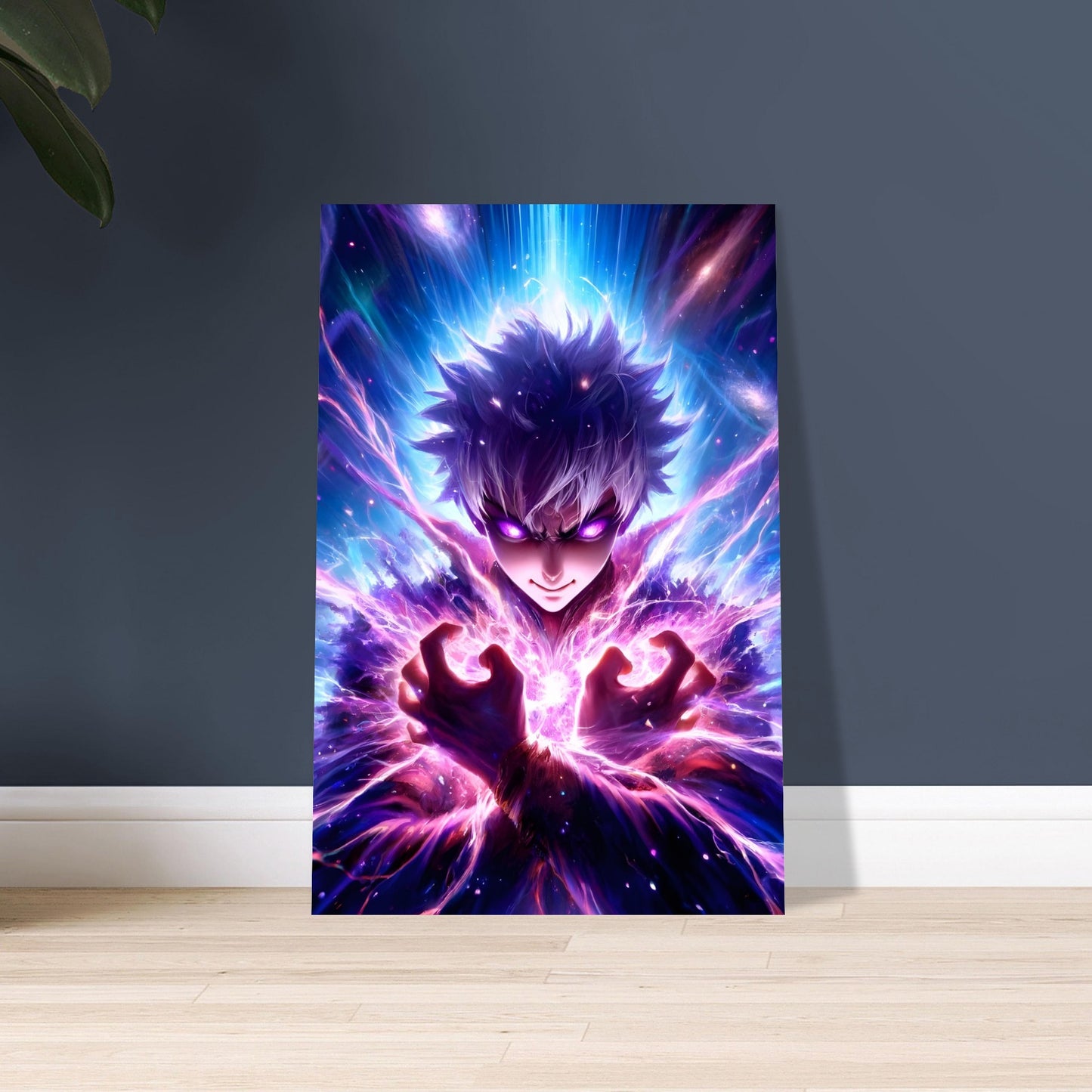 Anime warrior glowing with cosmic energy in front of nebula-filled space background on premium metal poster.