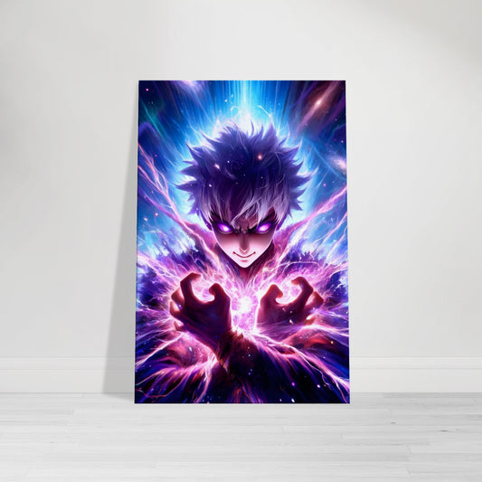 Anime-style cosmic warrior glowing with red, blue, and violet energy veins, standing in a galaxy filled with stars and nebulae, channeling immense cosmic power.