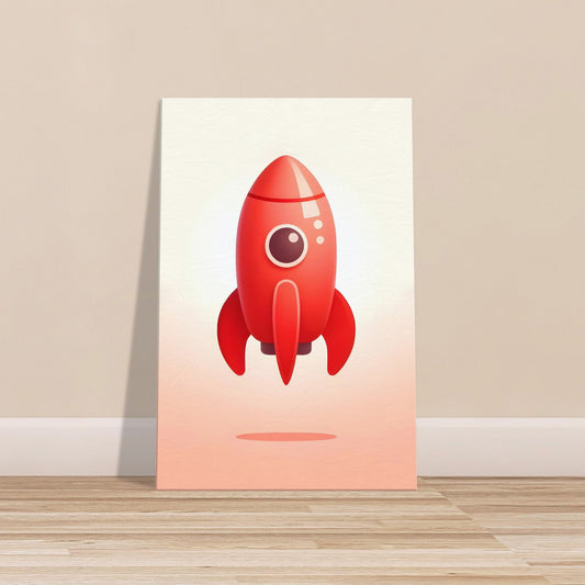 Cartoon-style red rocket ship with large eyes on a soft light red to white gradient background.