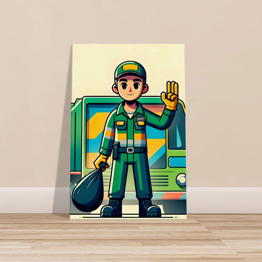 Minimalist cartoon Garbage Guy Gary in green and yellow uniform holding a garbage bag next to a colorful garbage truck.