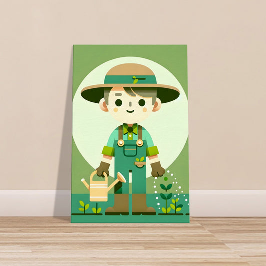 Minimalist cartoon Gardener Green in green and brown outfit holding a watering can against a solid background.