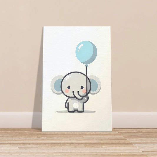 Canvas print of a cartoon elephant holding a blue balloon in soft, gentle colors.