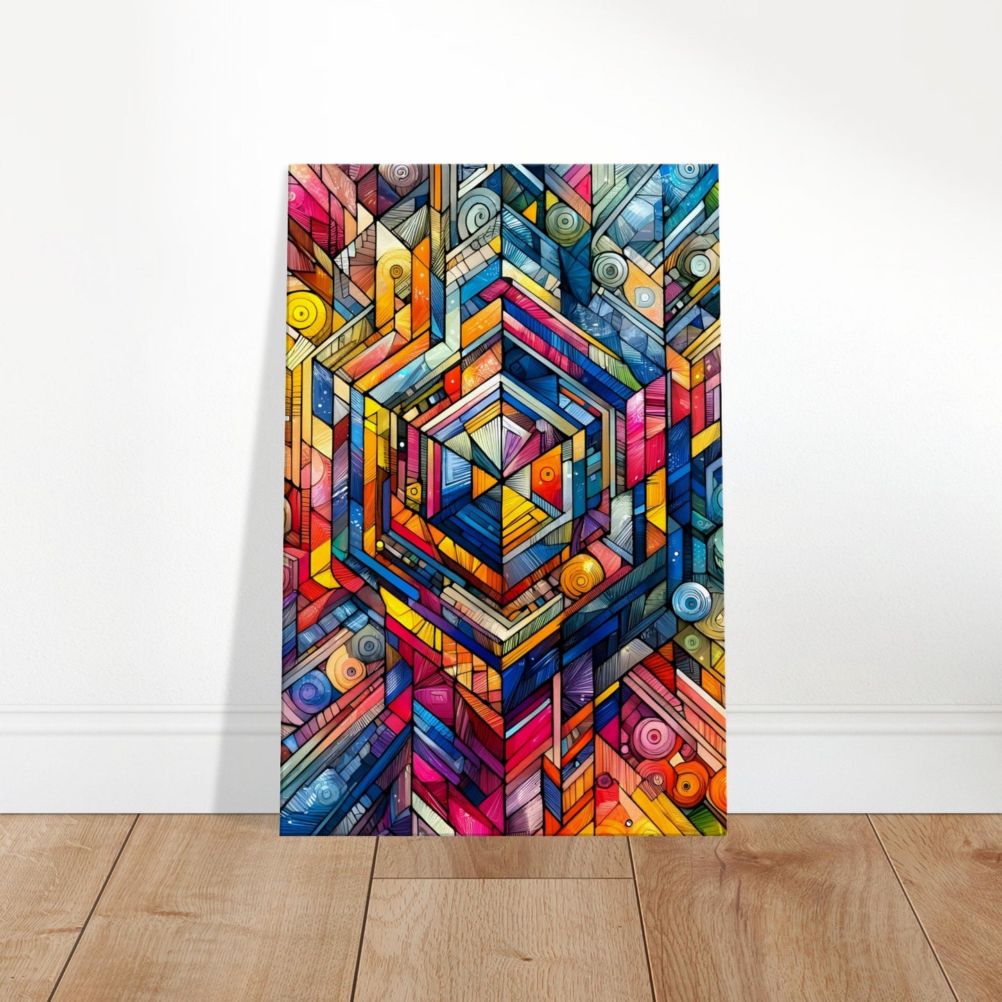Abstract canvas featuring colourful cuboid shapes with spiral and circular patterns, creating a three-dimensional visual effect.