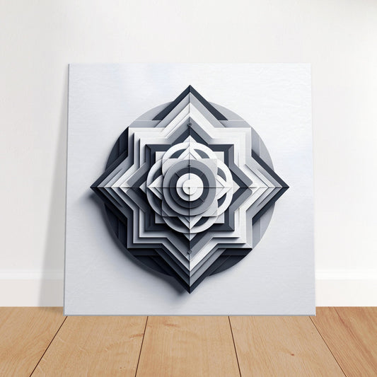 Monochromatic mandala artwork in varying shades of grey, featuring geometric symmetry and subtle gradients for a minimalist aesthetic.