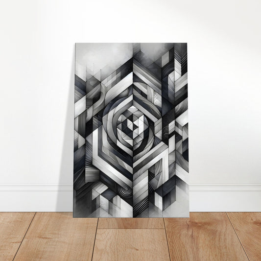 Grayscale abstract canvas featuring layered geometric shapes and lines forming a complex, multi-dimensional composition.