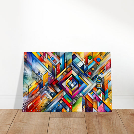 Abstract artwork with bold squares, triangles, and circles in vibrant colours forming a geometric pattern.