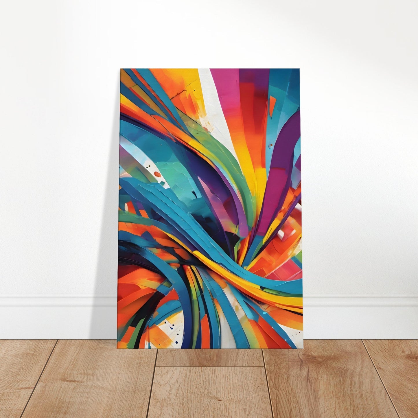 Abstract canvas featuring bold, sweeping strokes in vivid colours intertwined with structured geometric shapes.