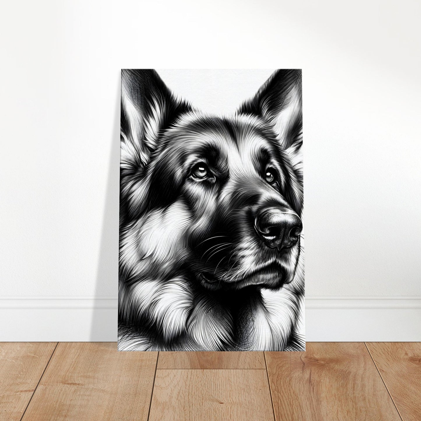 Detailed black and white sketch of a German Shepherd dog, showcasing alert expression and lifelike fur texture.