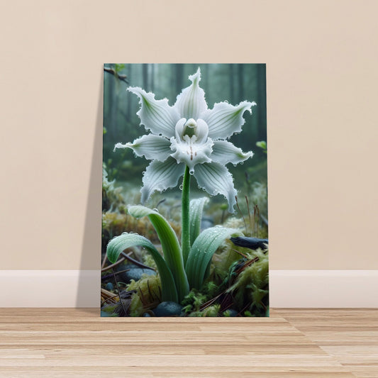 Delicate white ghost orchid blooming in a dark, lush forest or swamp setting with soft glowing light