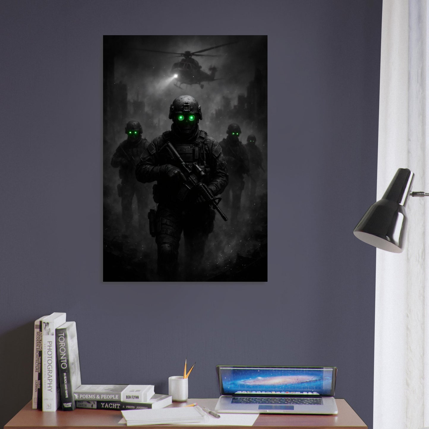 Military shadow team with night vision gear advancing through ruins under helicopter light – gritty black and green metal wall art.