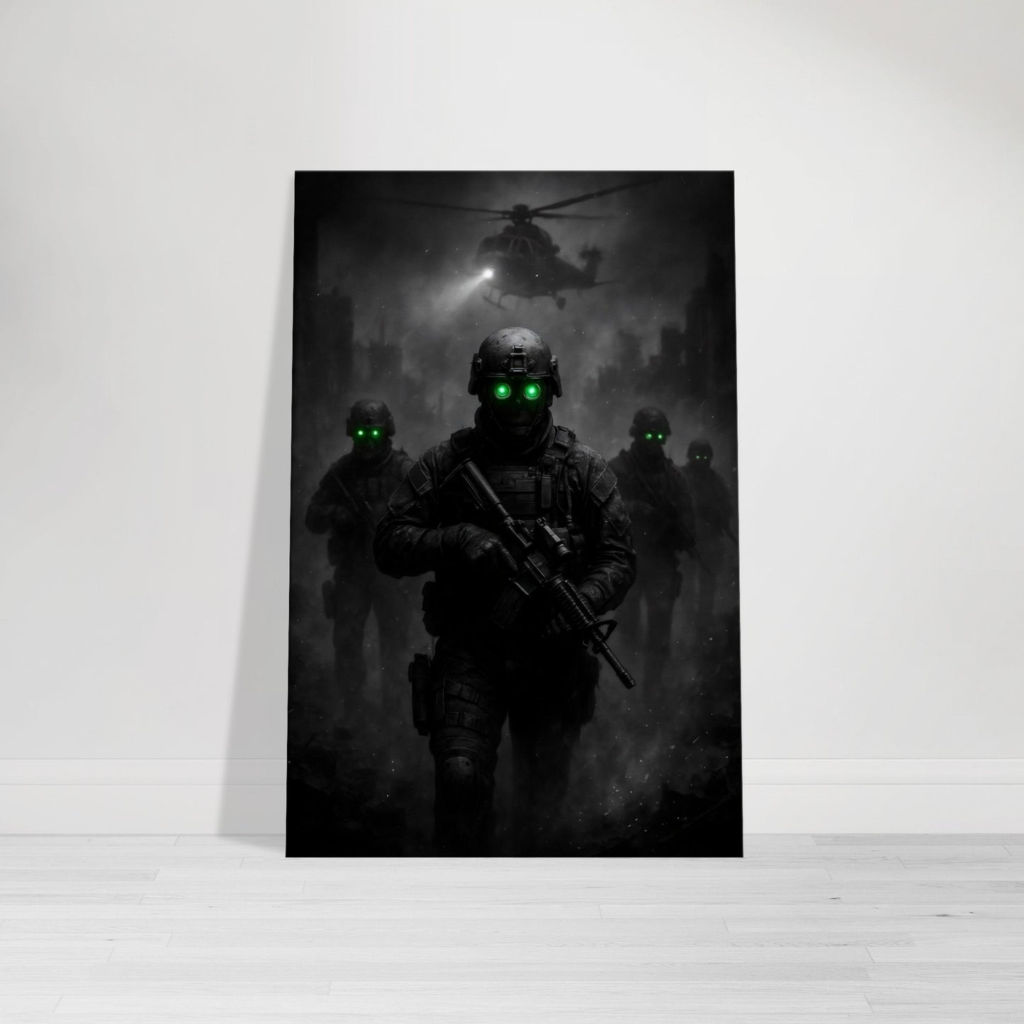 A shadow team advances through the ruins under the cover of night, illuminated only by the eerie glow of night vision and the rotor lights above. Gritty, cinematic, and built to command attention — this striking monochrome piece is a must-have centerpiece for any man cave or tactical-themed space.