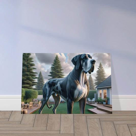 Great Dane with a harlequin coat standing tall in a green suburban yard, showcasing its powerful and gentle nature.