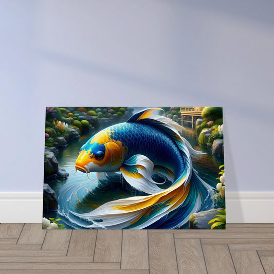 Hyper-realistic image of a giant koi fish with blue and yellow patterns swimming gracefully in a serene Japanese garden pond.