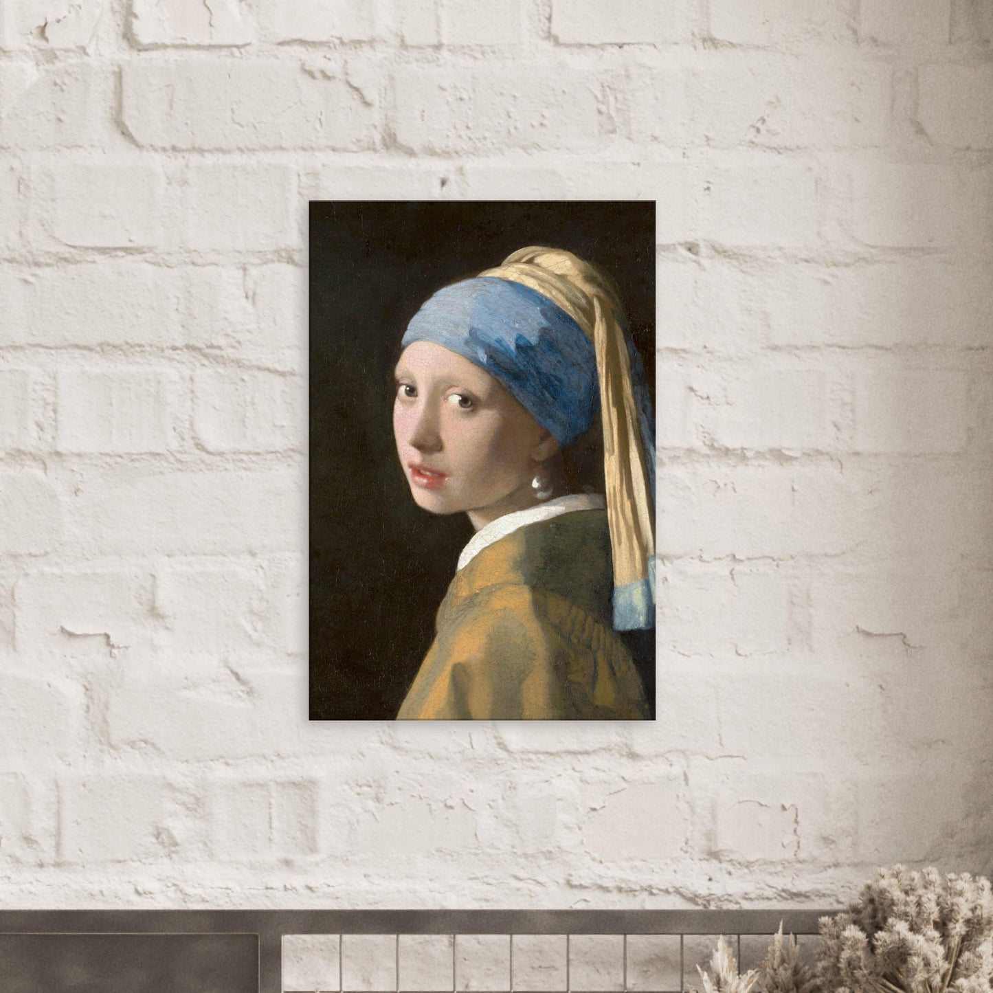 Canvas art reproduction of Vermeer’s Girl with a Pearl Earring, showcasing a young girl’s gentle gaze and luminous pearl earring with soft lighting and subtle detail.