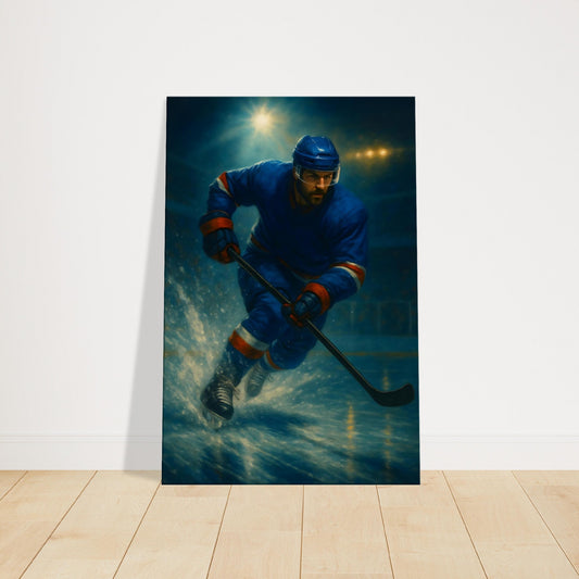 Single ice hockey player skating fast with snow spray trailing across the rink.