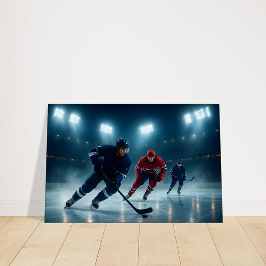Ice hockey players skating at full speed under arena lights, reflecting on the icy surface below.