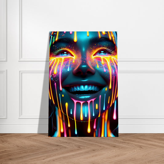 Portrait of a joyful figure with bright multicolored paint drips, radiating happiness and positivity in a modern art style.