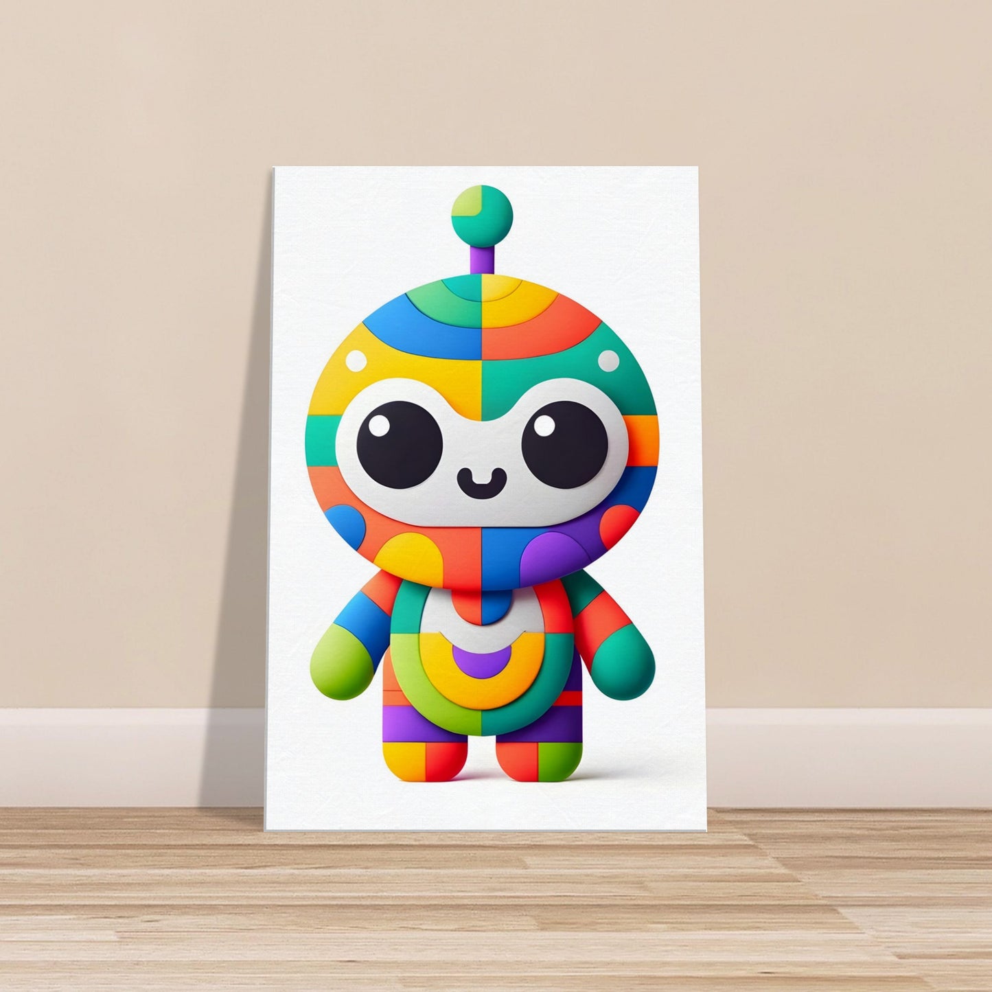 Minimalist cartoon alien named Gloop with colorful whimsical features on a plain white background.