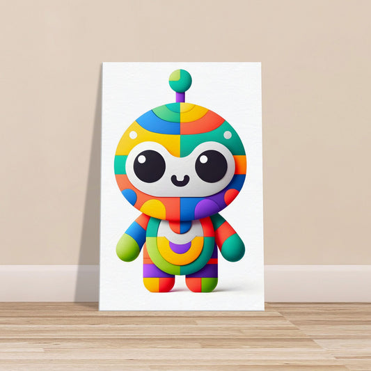 Minimalist cartoon alien named Gloop with colorful whimsical features on a plain white background.