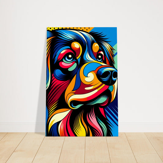 Colorful pop art Golden Retriever with bold patterns and bright geometric shapes on a modern background.