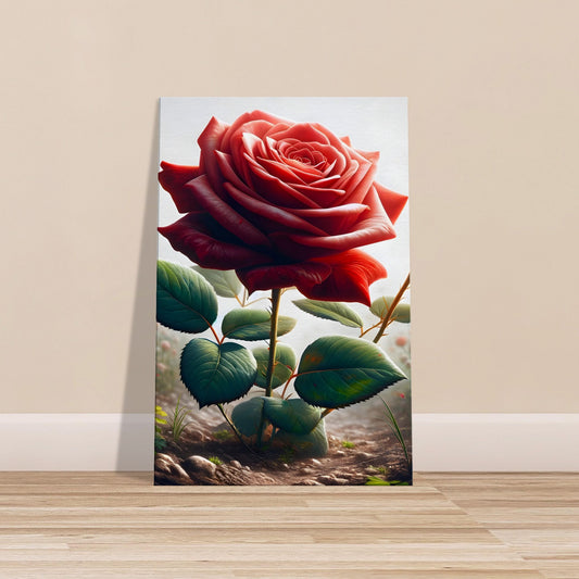 Realistic red rose in full bloom with vivid petals and green leaves on soft pastel background
