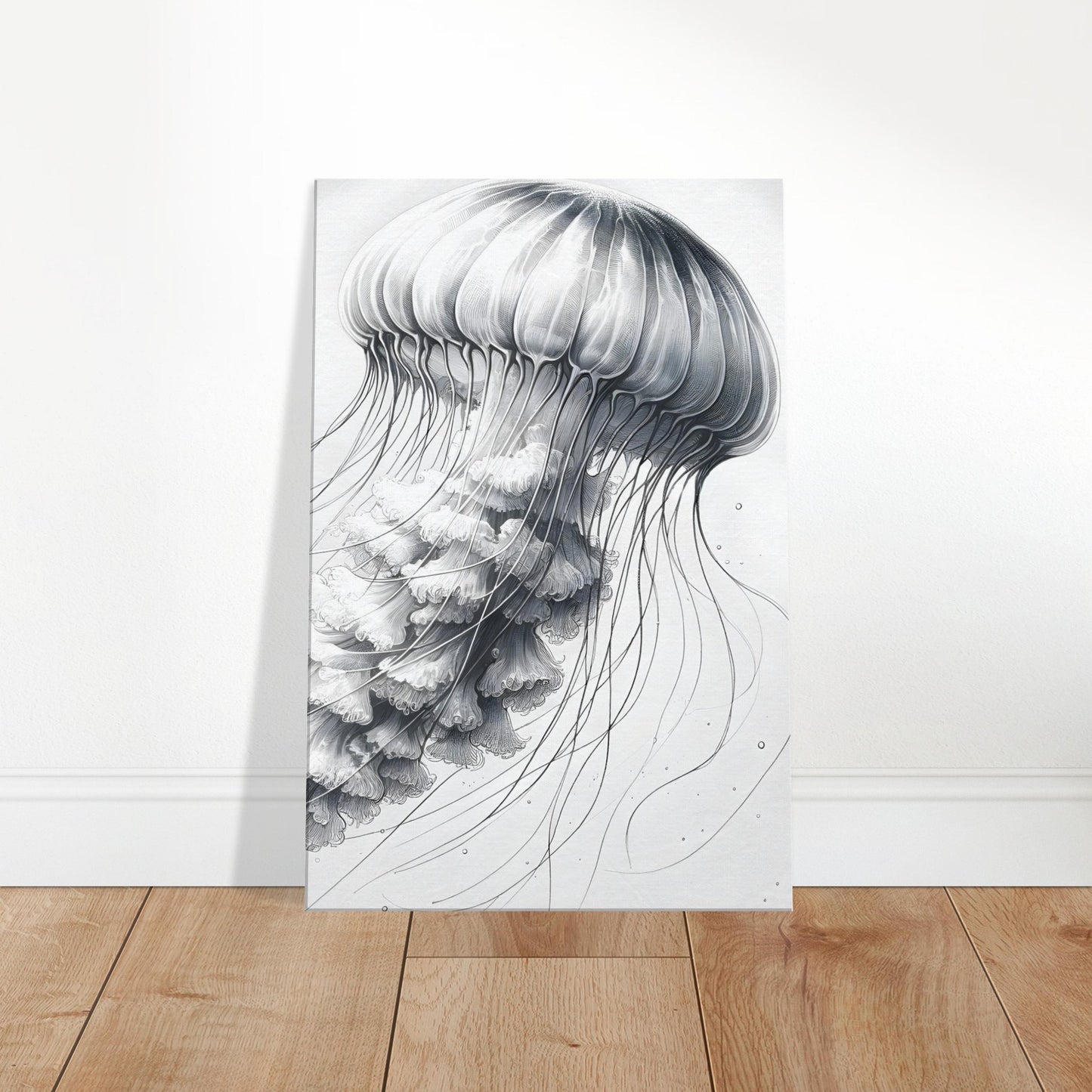Pencil sketch of a graceful jellyfish with flowing tentacles against a soft underwater background.