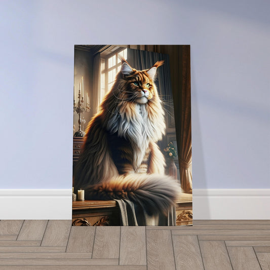 Maine Coon cat sitting on an antique dresser with golden fur and amber eyes, basking in sunlight through a nearby window.