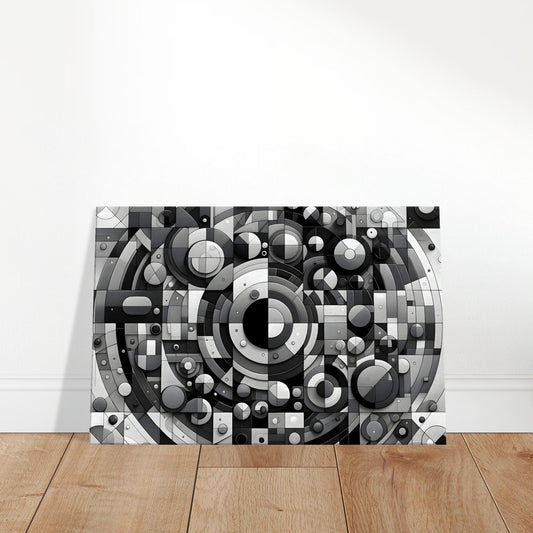 Abstract grayscale wall art featuring overlapping geometric circles on canvas in a minimalist style.