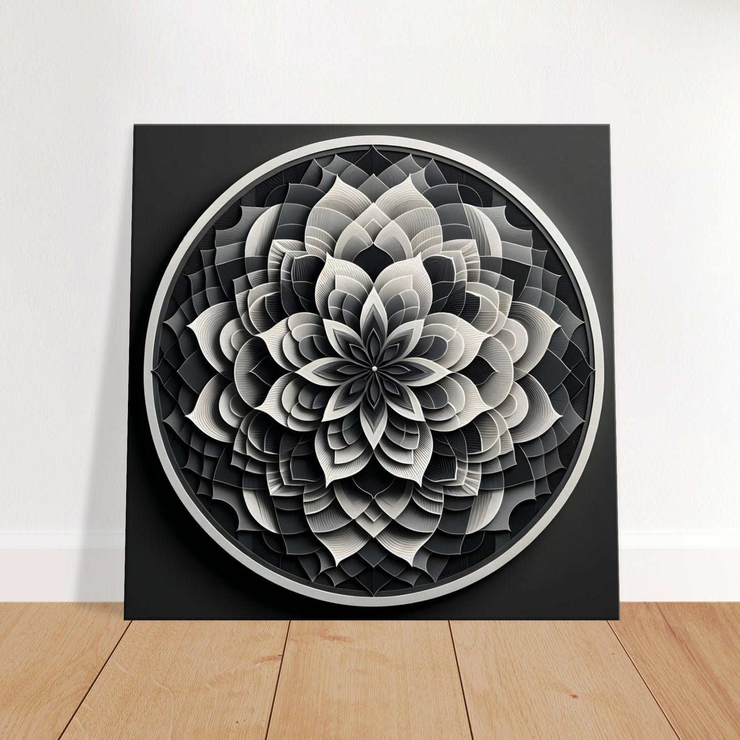 Mandala artwork in grayscale tones blending geometric and organic elements, offering subtle contrast and refined simplicity.