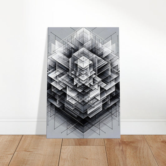 Abstract wall art featuring intersecting grayscale lines of varying thickness and direction on canvas.