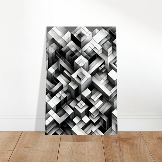 Abstract wall art with layered grey squares arranged in a grid pattern on canvas.