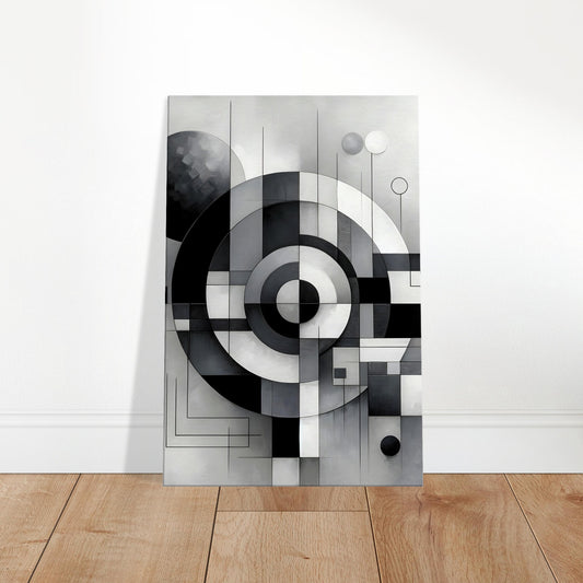 Abstract grayscale canvas featuring overlapping spheres and circles contrasted with squares and rectangles for geometric harmony.