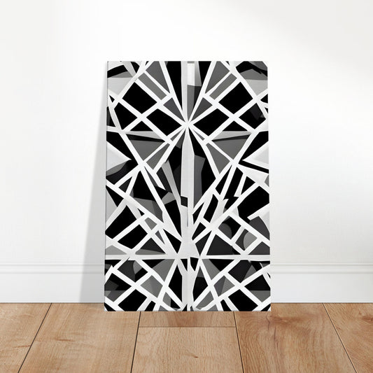 Abstract grayscale canvas featuring interlocking geometric shapes with symmetrical balance and light-shadow contrast.