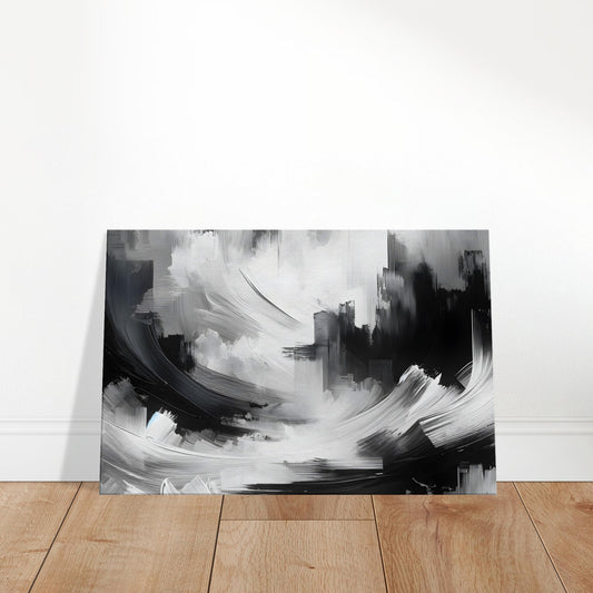 Abstract grayscale canvas art featuring contrasting brushstrokes and layered textures in black and white.