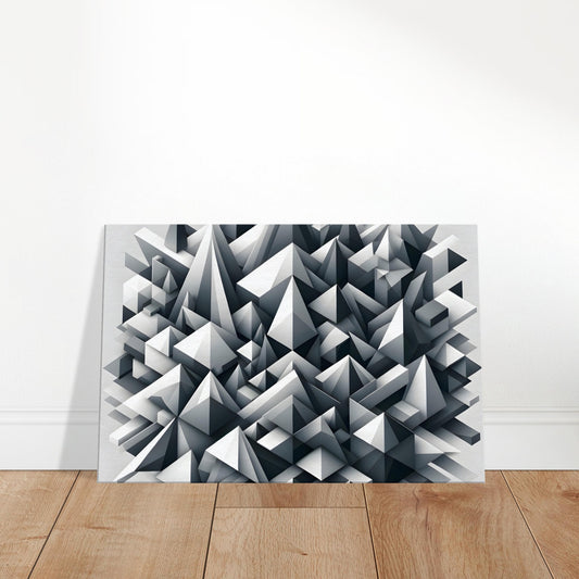 Abstract canvas art featuring a pattern of grayscale triangles in various sizes and directions.