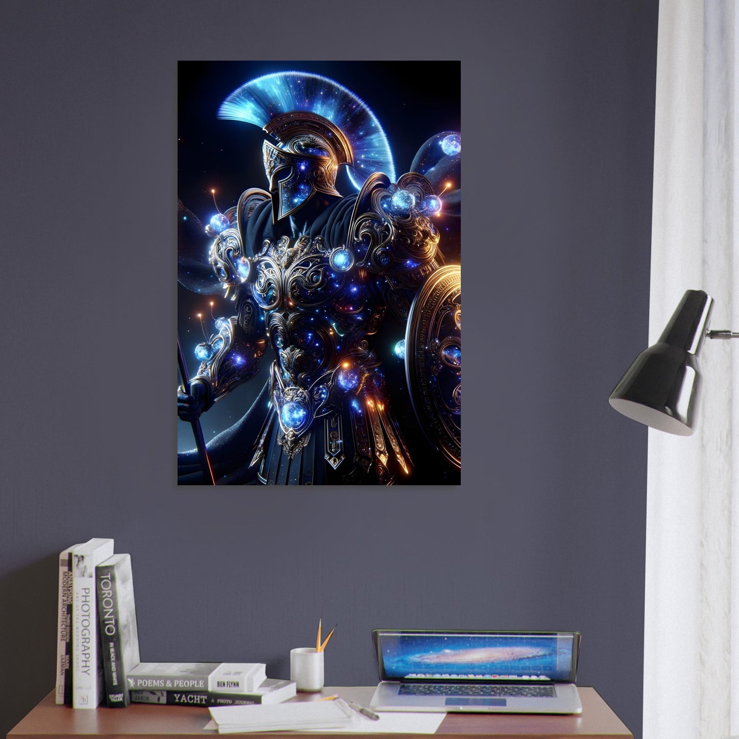 A Greek Hoplite in cosmic blue and silver armor holds a glowing spear and shield on a dark, ancient battlefield.