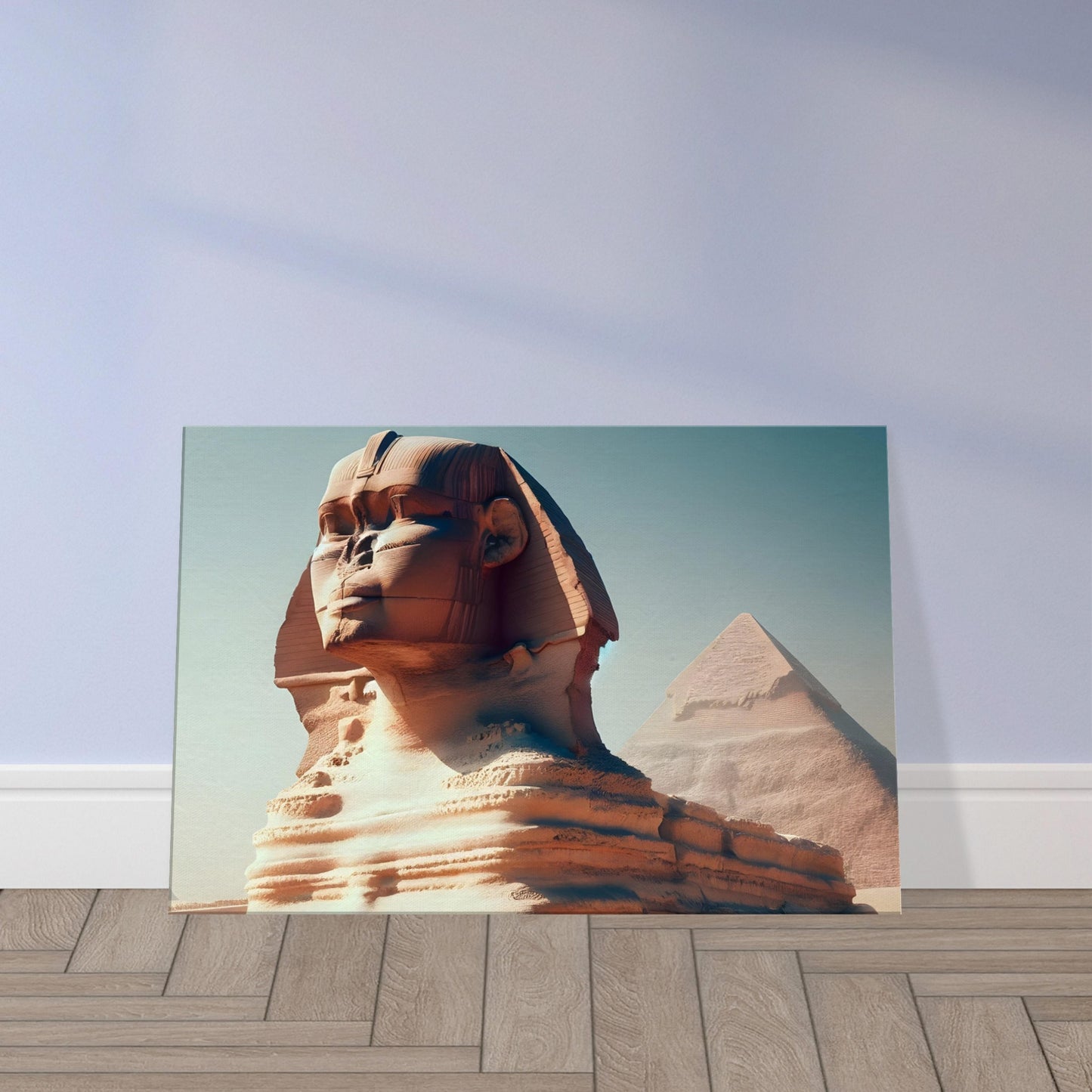 The Great Sphinx of Giza facing forward with pyramids in the background under a bright blue sky.