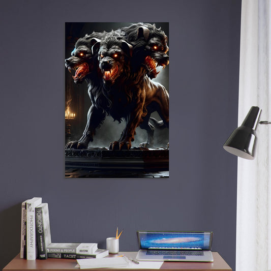 Metal poster of Cerberus with three snarling heads, glowing red eyes, and dark fur standing before a torch-lit stone gateway.