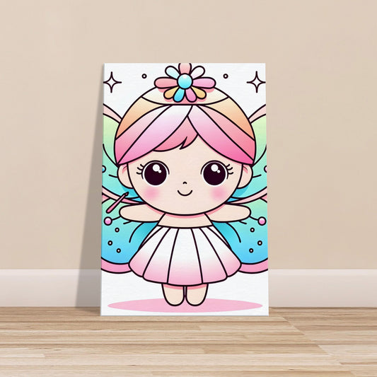 Minimalist cartoon happy flower fairy with large expressive eyes on a plain white background.