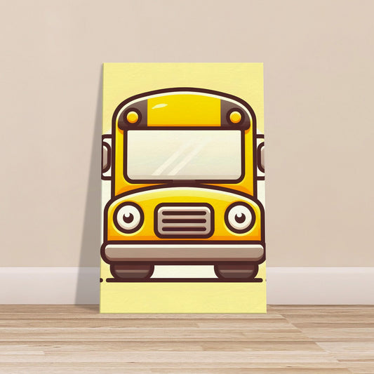 Cartoon-style yellow school bus with large eyes on a soft light yellow to white gradient background.