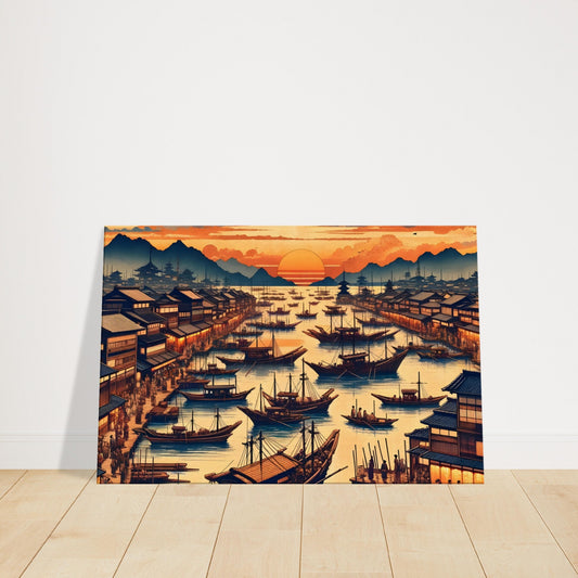 Panoramic harbor scene at sunset with boats, warm orange sky, and figures in silhouette along the waterfront.