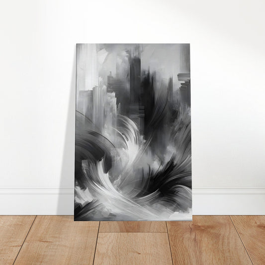 Abstract grayscale canvas featuring a blend of smooth and textured brushstrokes in a balanced, layered composition.