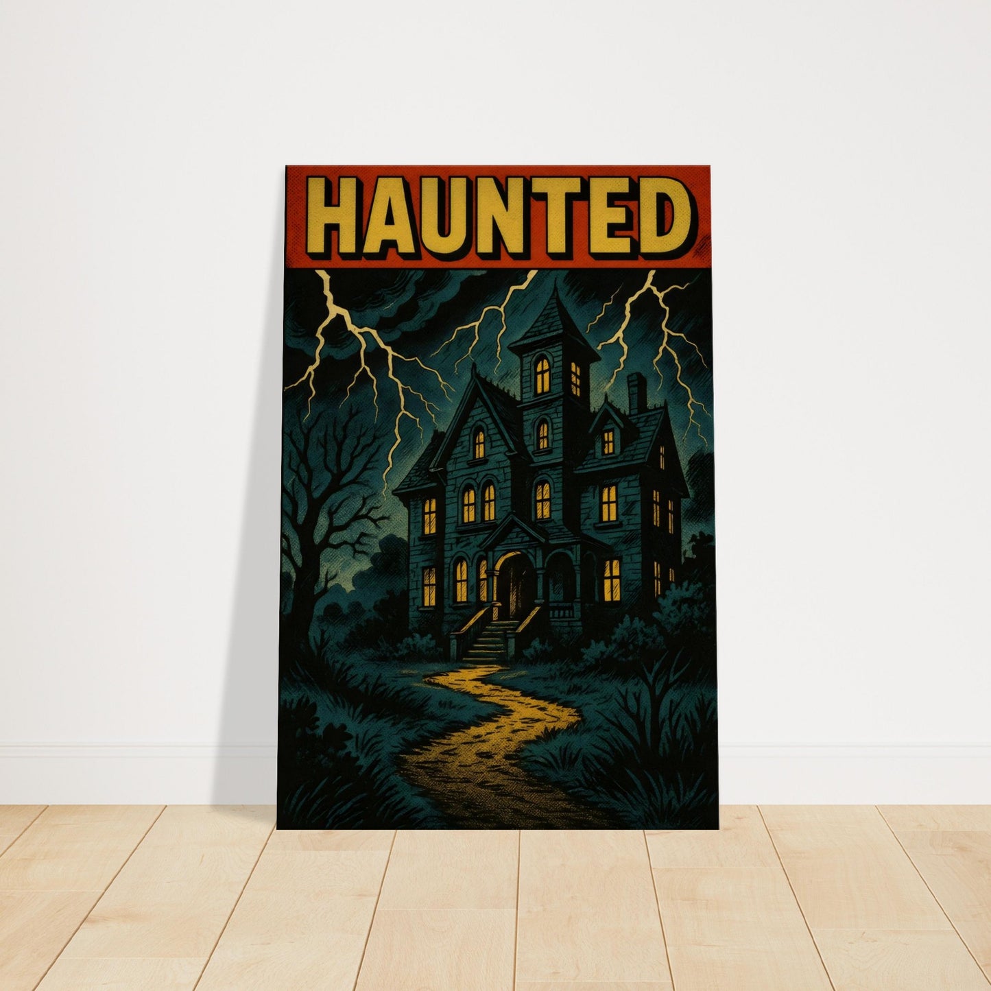 Vintage comic artwork of a haunted Victorian mansion at night with glowing windows and lightning in the sky.