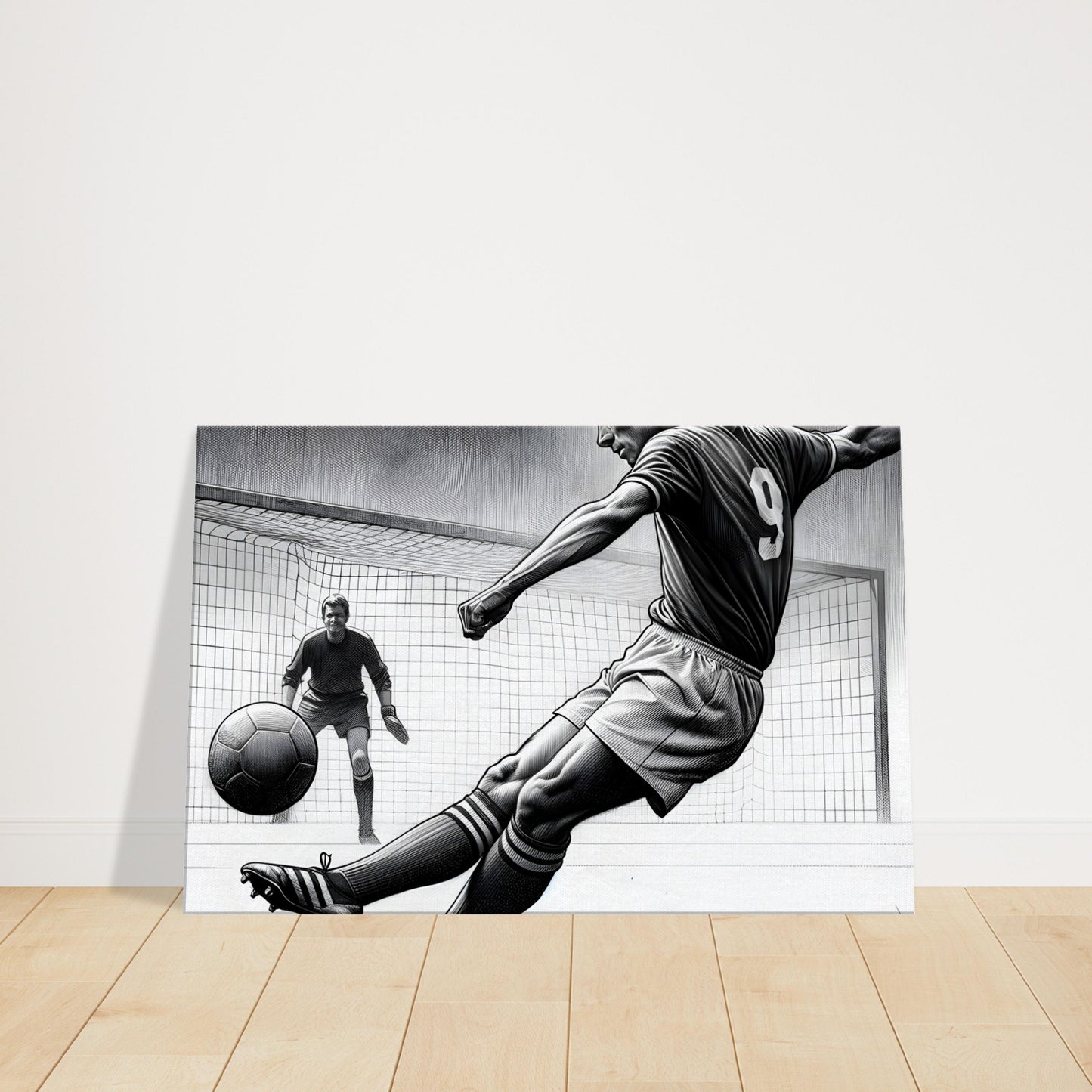 Pencil sketch of a football player striking a ball mid-air with intense focus and dynamic posture.